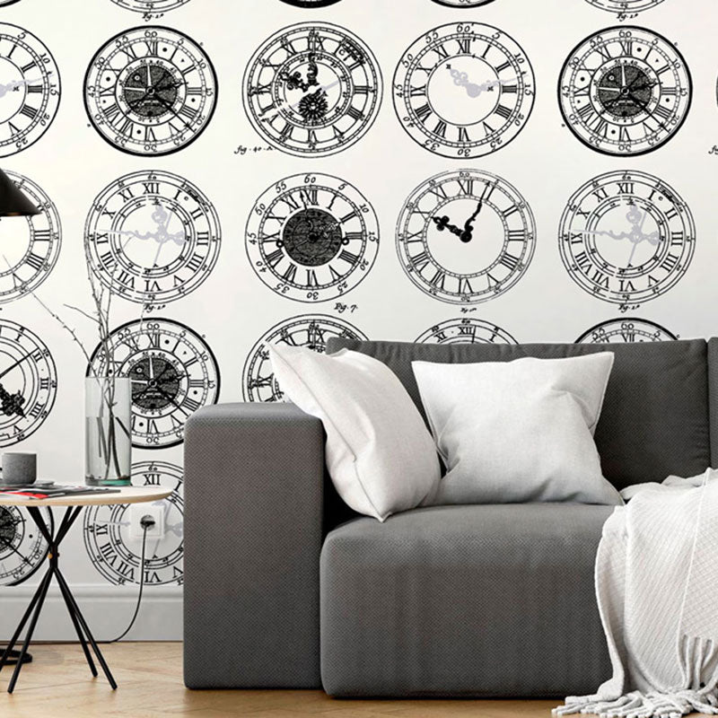 Non-Pasted Wallpaper Roll with Black and White Wall Clock, 33'L x 20.5"W
