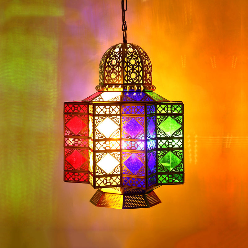 4-Head Metal Pendant Lighting Arab Lantern Stained Glass Chandelier Light Fixture in Brass