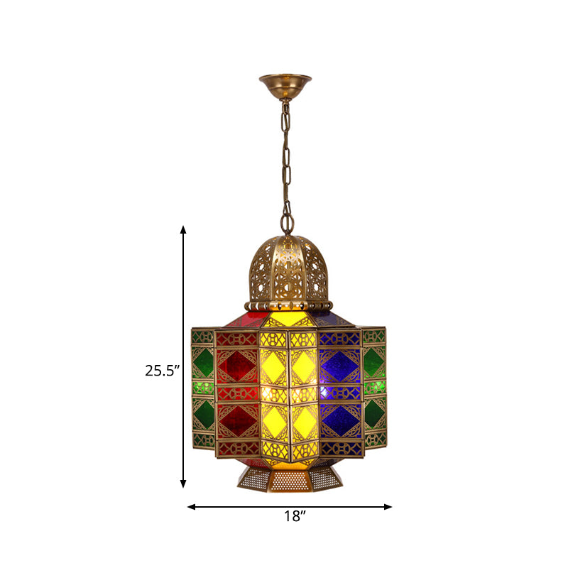 4-Head Metal Pendant Lighting Arab Lantern Stained Glass Chandelier Light Fixture in Brass