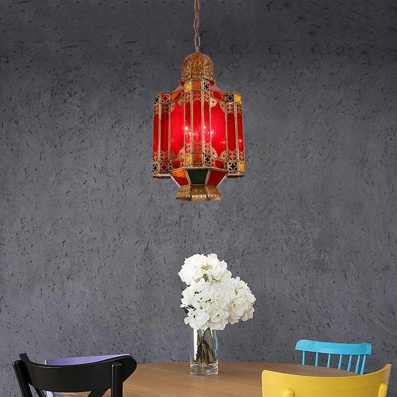 Traditional Lantern Hanging Lamp 4 Lights Red Glass Chandelier Lighting Fixture in Brass for Restaurant