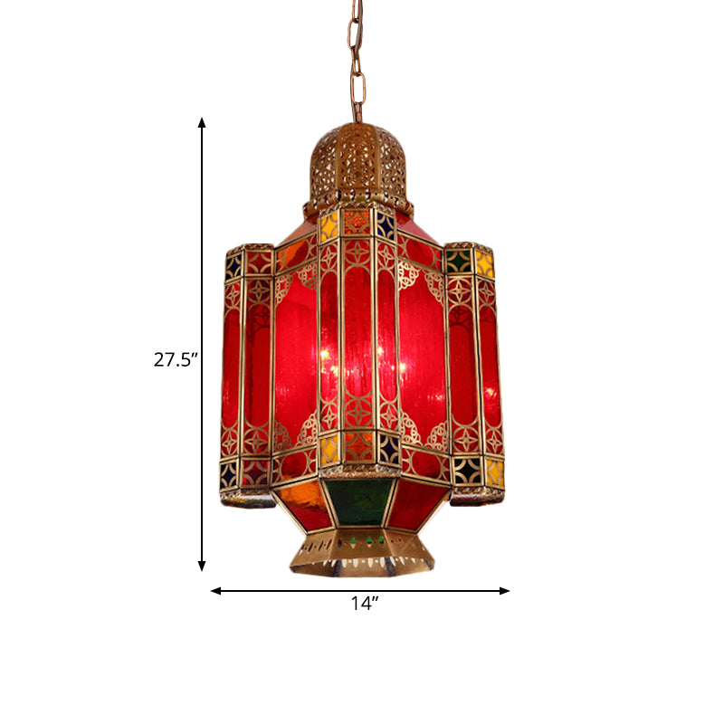 Traditional Lantern Hanging Lamp 4 Lights Red Glass Chandelier Lighting Fixture in Brass for Restaurant