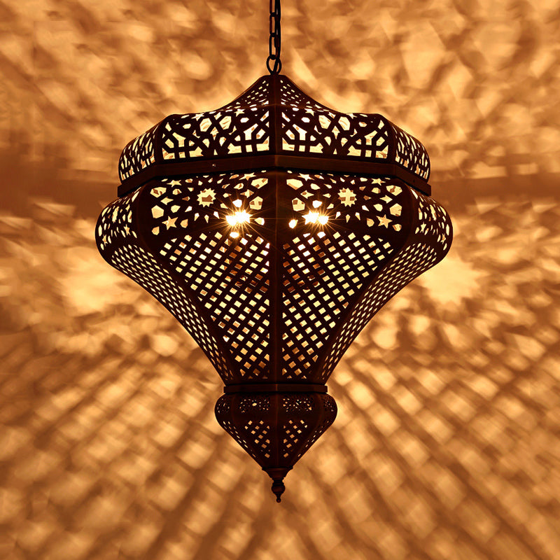 4 Lights Chandelier Lamp Retro Restaurant Pendant Light with Hollow Metal Shade in Bronze