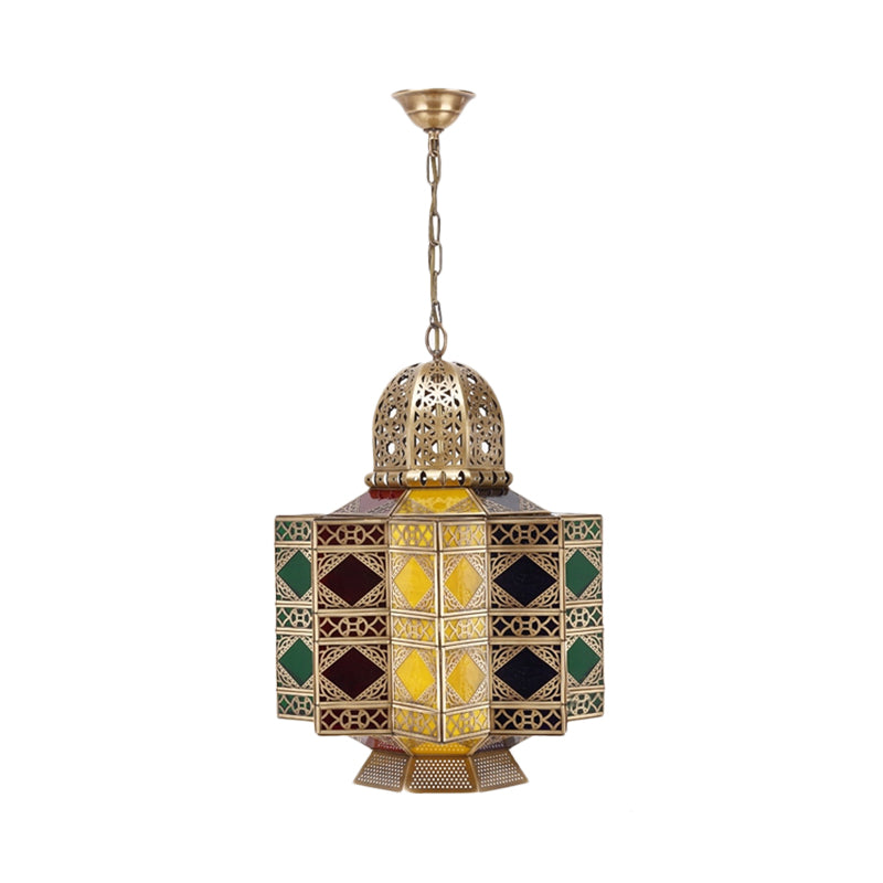 Decorative Lantern Pendant Light 6-Bulb Stained Glass Hanging Chandelier in Brass for Living Room