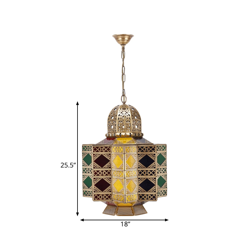 Decorative Lantern Pendant Light 6-Bulb Stained Glass Hanging Chandelier in Brass for Living Room