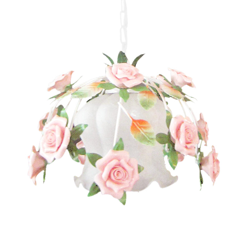 White Glass Flower Pendant Lamp Romantic Pastoral 1 Bulb Restaurant Suspension Light