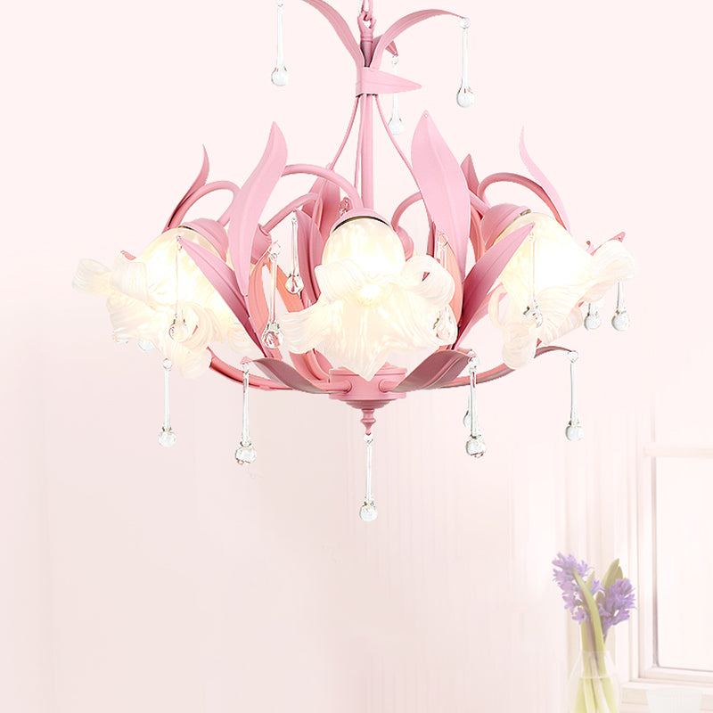 Opal Glass Blossom Chandelier Korean Garden 3/6 Bulbs Living Room Pendant in Pink/Blue/Green with Draping