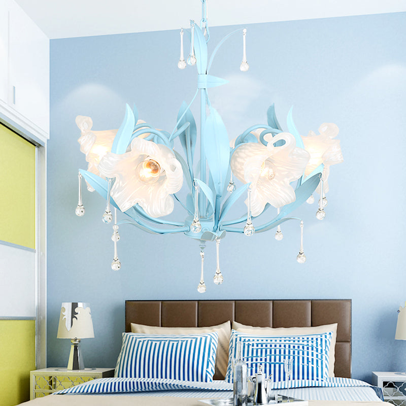 Opal Glass Blossom Chandelier Korean Garden 3/6 Bulbs Living Room Pendant in Pink/Blue/Green with Draping