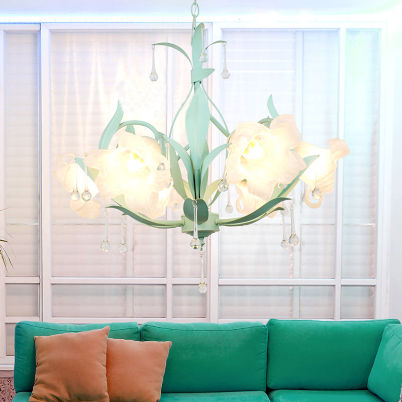 Opal Glass Blossom Chandelier Korean Garden 3/6 Bulbs Living Room Pendant in Pink/Blue/Green with Draping