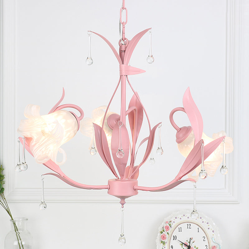 Opal Glass Blossom Chandelier Korean Garden 3/6 Bulbs Living Room Pendant in Pink/Blue/Green with Draping