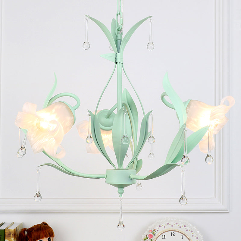 Opal Glass Blossom Chandelier Korean Garden 3/6 Bulbs Living Room Pendant in Pink/Blue/Green with Draping