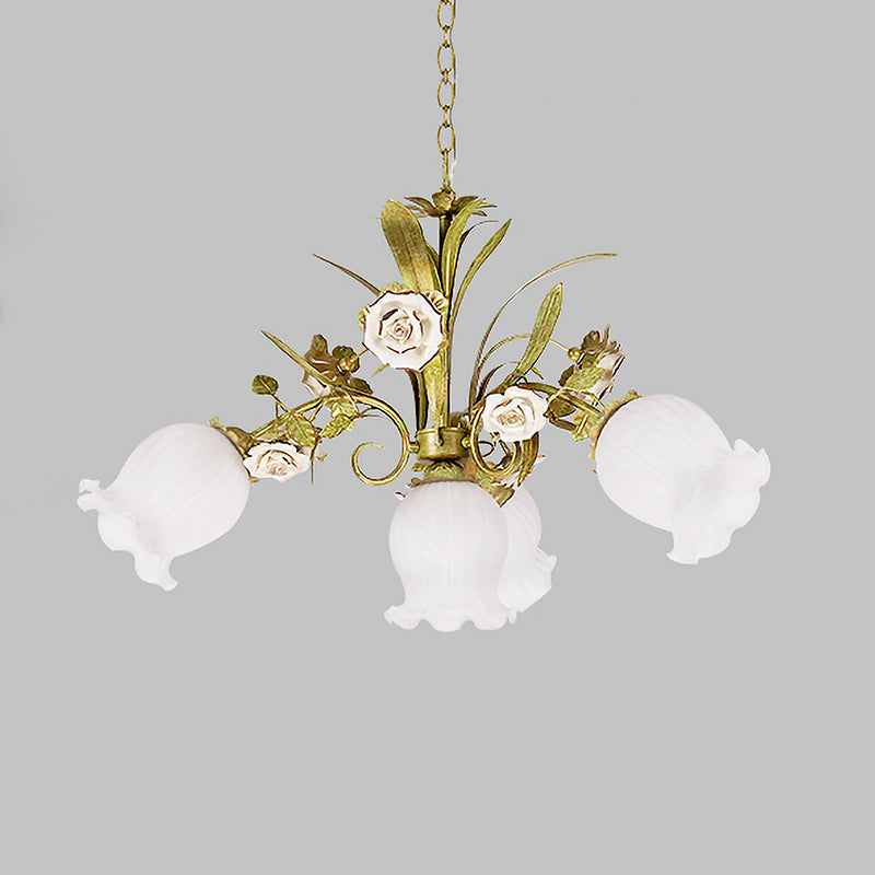 Lustre vert en verre crème, éclairage fleur, 4/7/9 ampoules, pendentif goutte pastorale romantique pour salon
