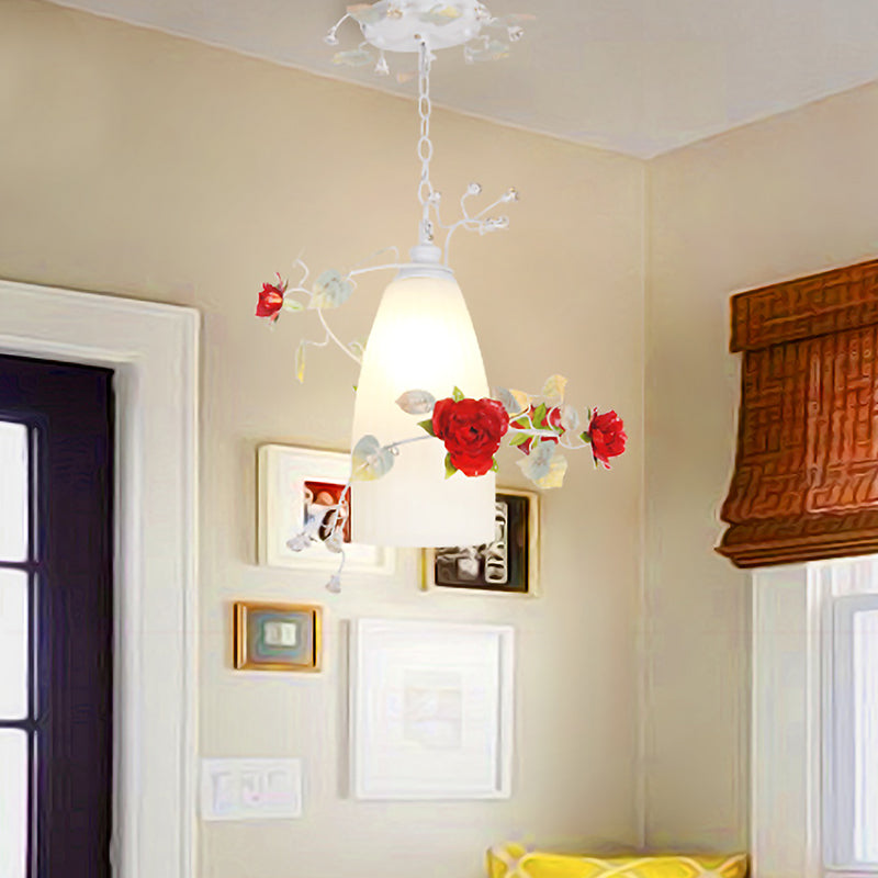 White Glass Elongated Dome Pendant Romantic Pastoral 1-Light Dining Room Drop Lamp with Red Flower