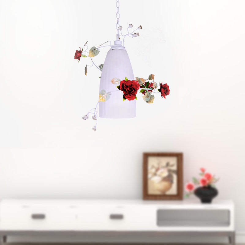 White Glass Elongated Dome Pendant Romantic Pastoral 1-Light Dining Room Drop Lamp with Red Flower