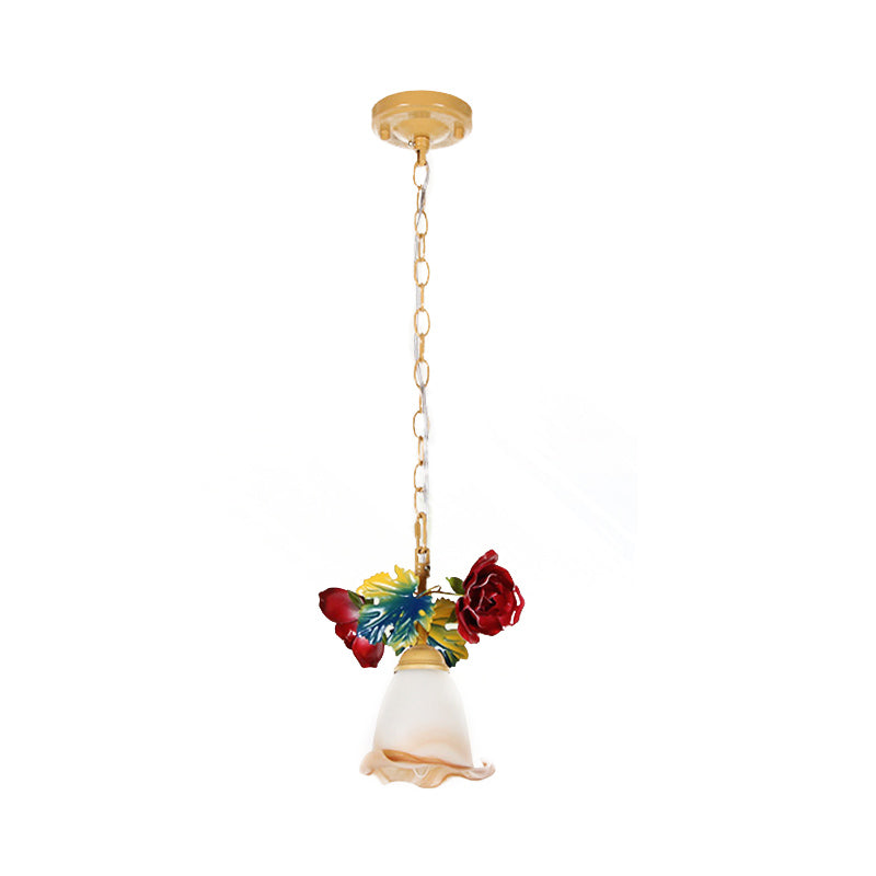 Beige Blossom Suspension Lamp Korean Garden Frosted Glass 1 Head Restaurant Pedant Lighting