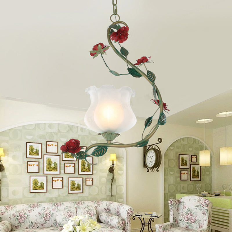 Romantic Pastoral Flower Pendant 1 Light White Glass Hanging Ceiling Light with Metal Curvy Arm