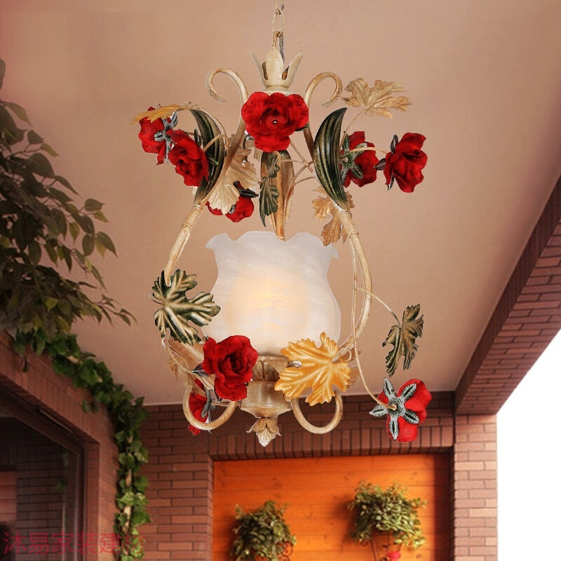 Single Bulb Suspension Lighting Korean Flower Scrolled Arm White Glass Hanging Pendant
