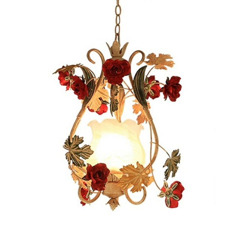 Single Bulb Suspension Lighting Korean Flower Scrolled Arm White Glass Hanging Pendant
