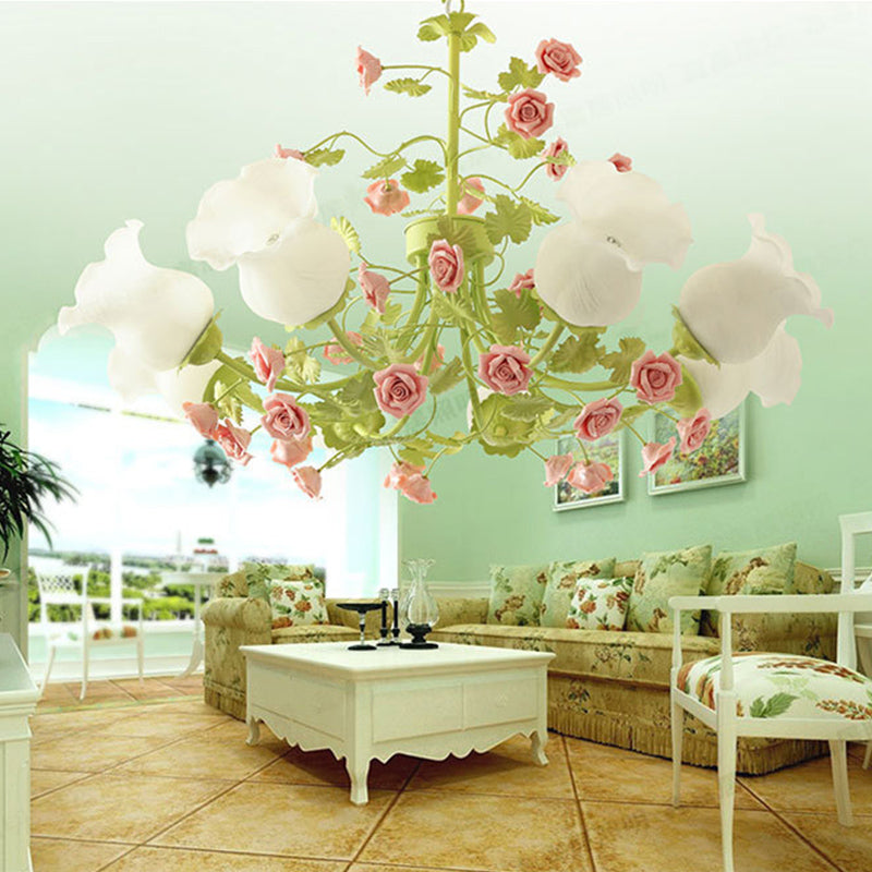 Sputnik Living Room Chandelier Korean Flower Ivory Glass 8 Lights Green Suspension Lighting