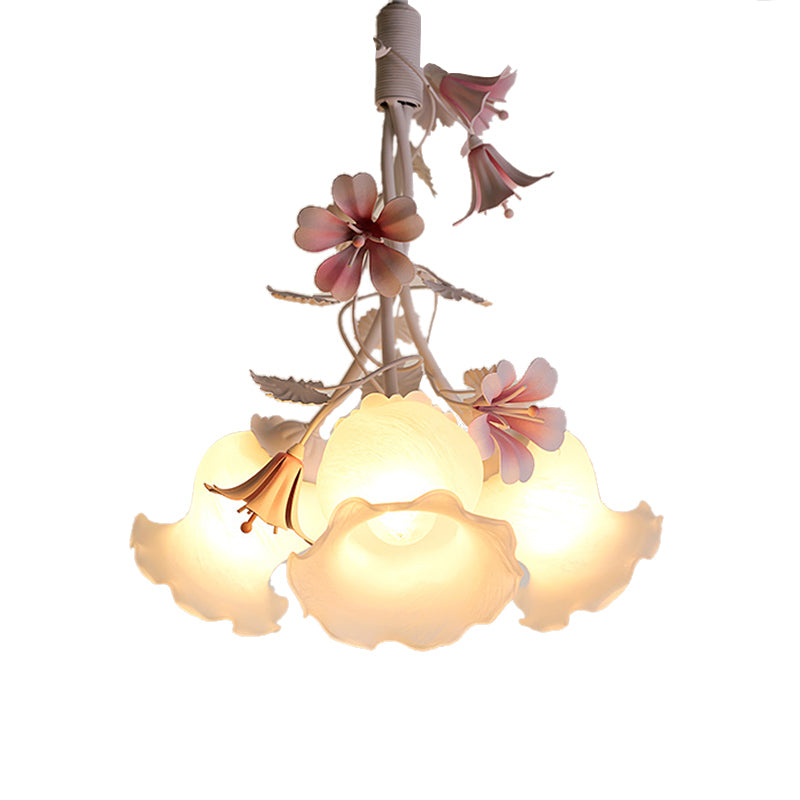 Pink 3 Lights Down Lighting Pastoral White Glass Flower Chandelier Light Fixture for Living Room