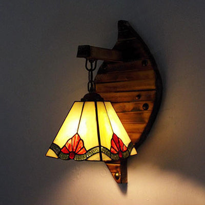 Cone Shape Wall Light Retro Style Colorful Stained Glass 1 Light Wall Sconce Lamp Fixture in White/Light Blue/Light Blue-White/Orange-Red/Yellow/White for Balcony
