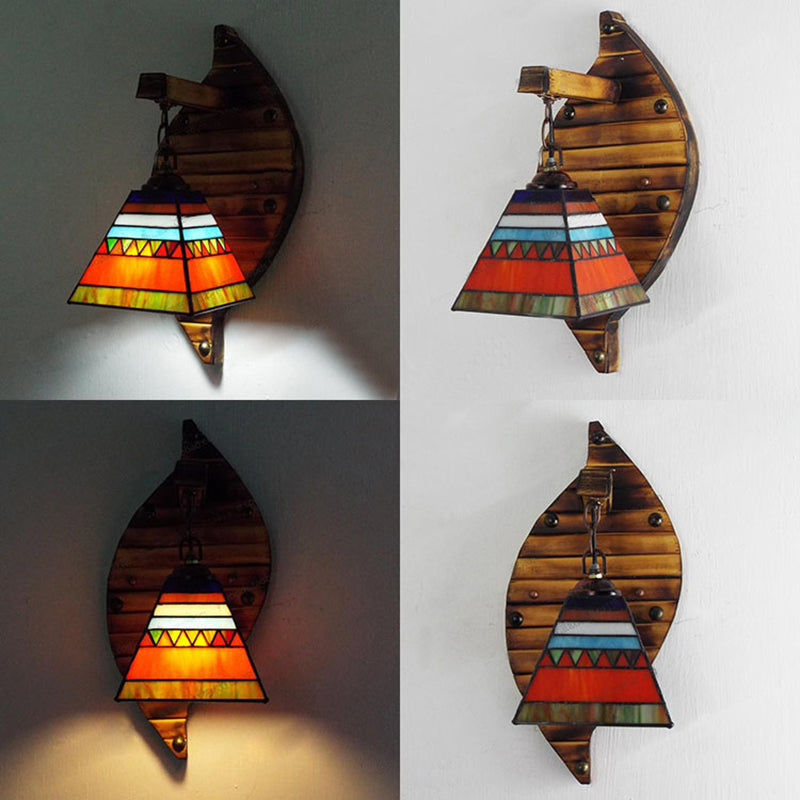 Cone Shape Wall Light Retro Style Colorful Stained Glass 1 Light Wall Sconce Lamp Fixture in White/Light Blue/Light Blue-White/Orange-Red/Yellow/White for Balcony