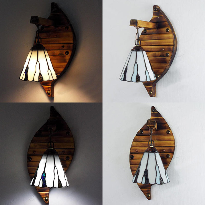 Cone Shape Wall Light Retro Style Colorful Stained Glass 1 Light Wall Sconce Lamp Fixture in White/Light Blue/Light Blue-White/Orange-Red/Yellow/White for Balcony