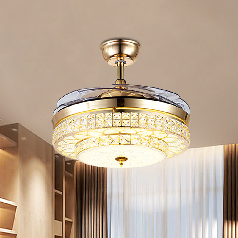 3-Blade abgeschrägtes kristallgeführtes halb flush postmodernes Gold 2-Tier Wohnzimmer Hanging Lüfterlampe, 19,5 "breit