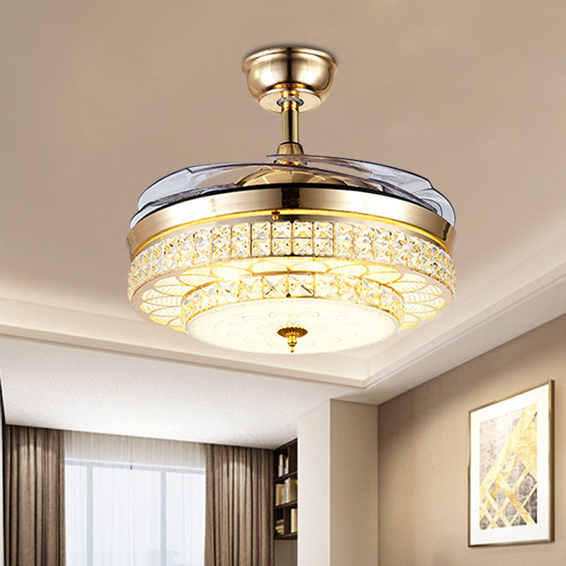3-Blade abgeschrägtes kristallgeführtes halb flush postmodernes Gold 2-Tier Wohnzimmer Hanging Lüfterlampe, 19,5 "breit