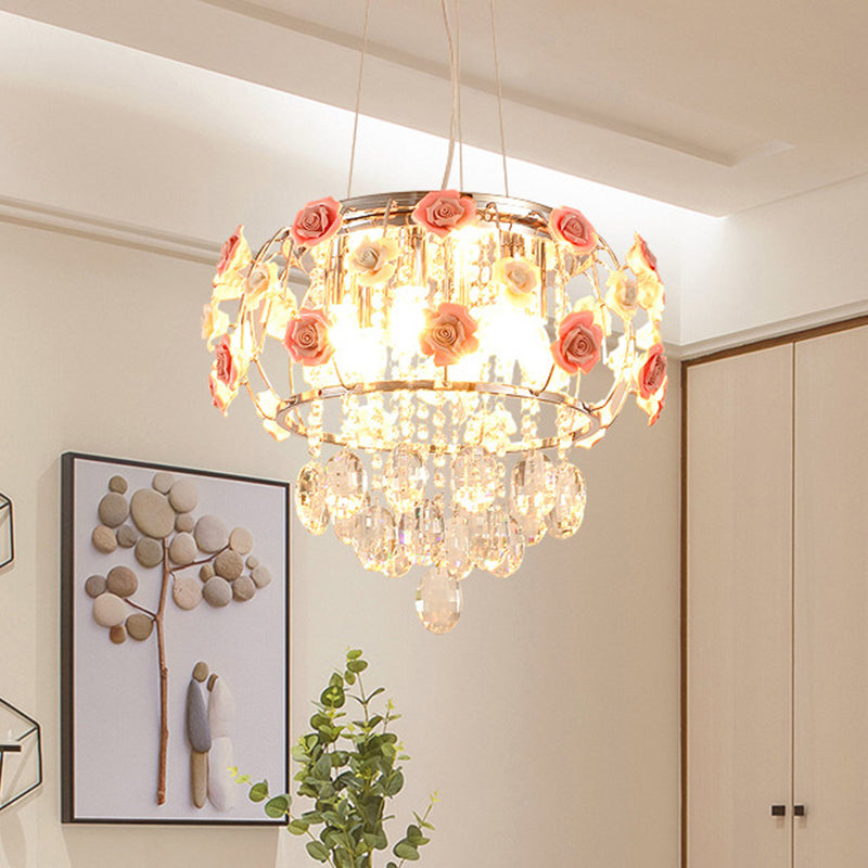 Lampadario a sospensione a sospensione a sospensione per tamburi cromati in metallo moderno 6 lampadine da pranzo lampada a sospensione con rosa rosa e drappeggio cristallino