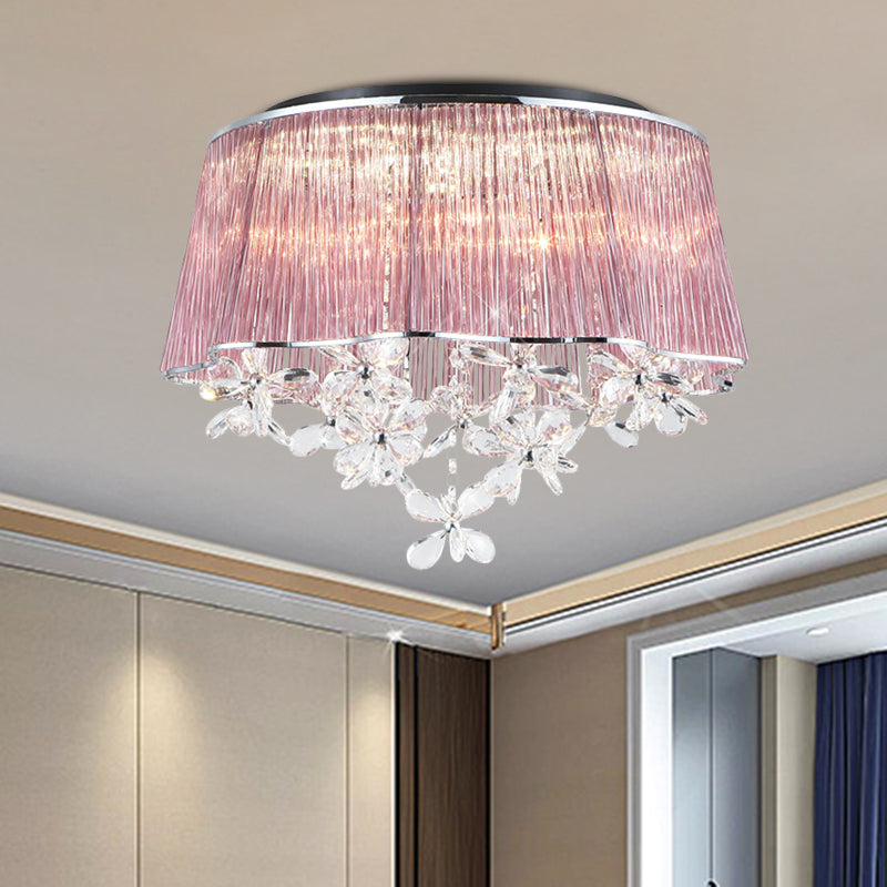 Crystal Rods Pink Ceiling Lamp Scalloped Drum Shade 3-Light Modernist Flush Mount Light mit Blume Tropfen