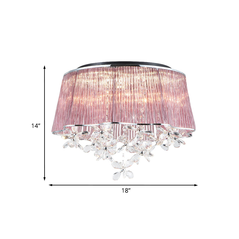 Crystal Rods Pink Ceiling Lamp Scalloped Drum Shade 3-Light Modernist Flush Mount Light with Flower Drops