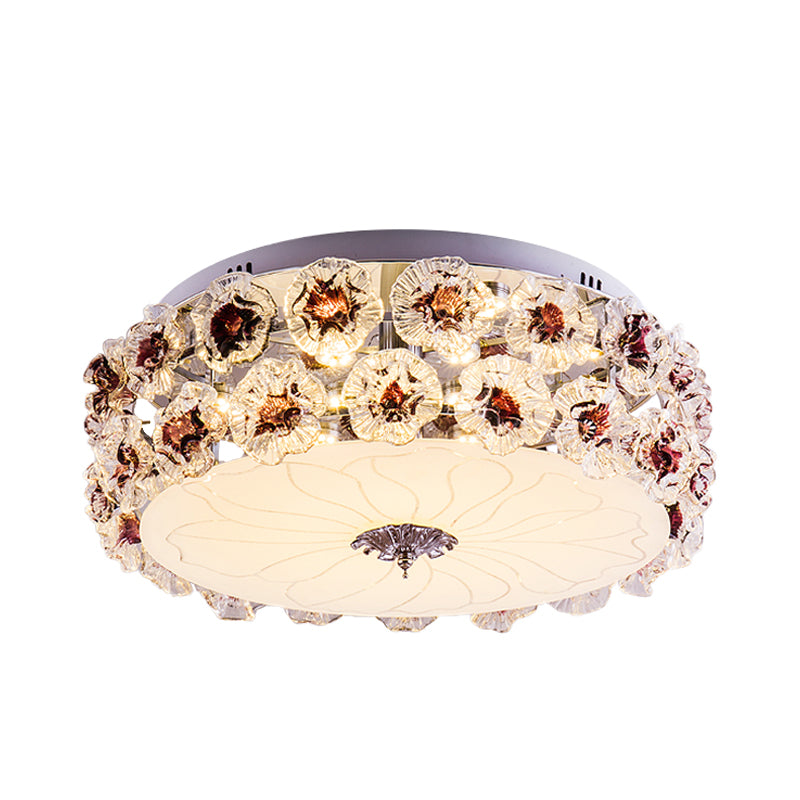 Crystal Purple/White LED Flush Light Floweret-Embellished Drum Modern Close to Ceiling Lamp