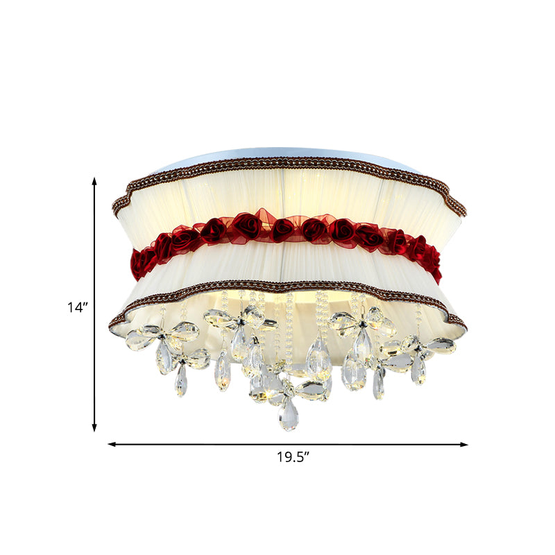 Pleated Fabric Bouquet Flush Mount Modern Style Bedroom LED Soffitto Illuminazione in Beige con Red Rose e Crystal Drops