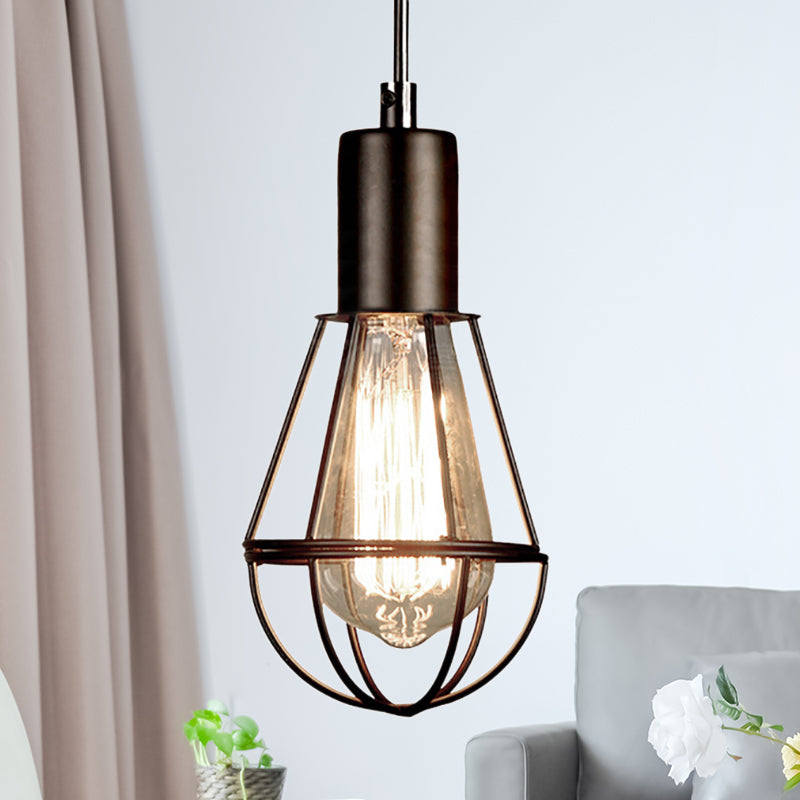 Black Small Cage Pendant Light Industrial Vintage Metallic 1 Head Living Room Hanging Lamp