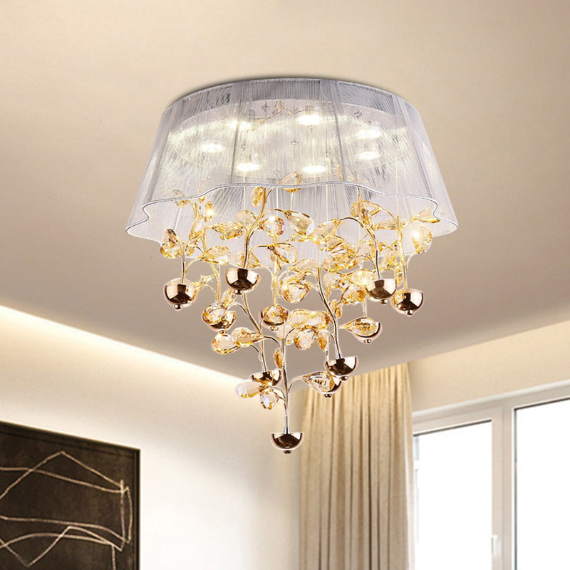 Silver/Pink Scalloped Ceiling Flush Modernist Fabric Bedroom LED Flush Mounted Lamp with Crystal Tree Design