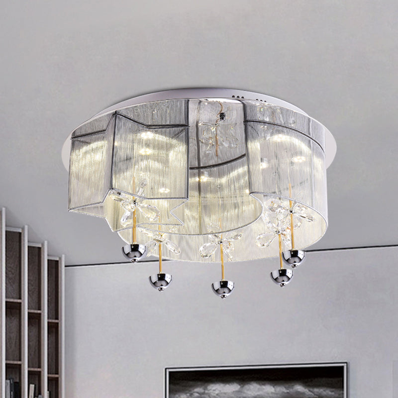 Fabric Red/Silver Ceiling Mount Light Crescent and Star Modern LED Flushmount with Crystal Decor