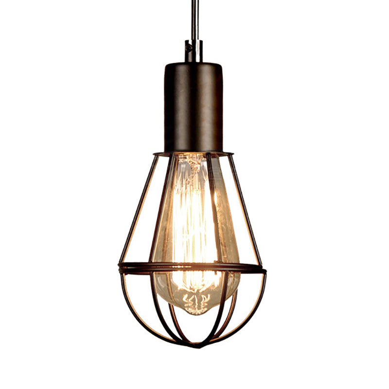 Black Small Cage Pendant Light Industrial Vintage Metallic 1 Head Living Room Hanging Lamp
