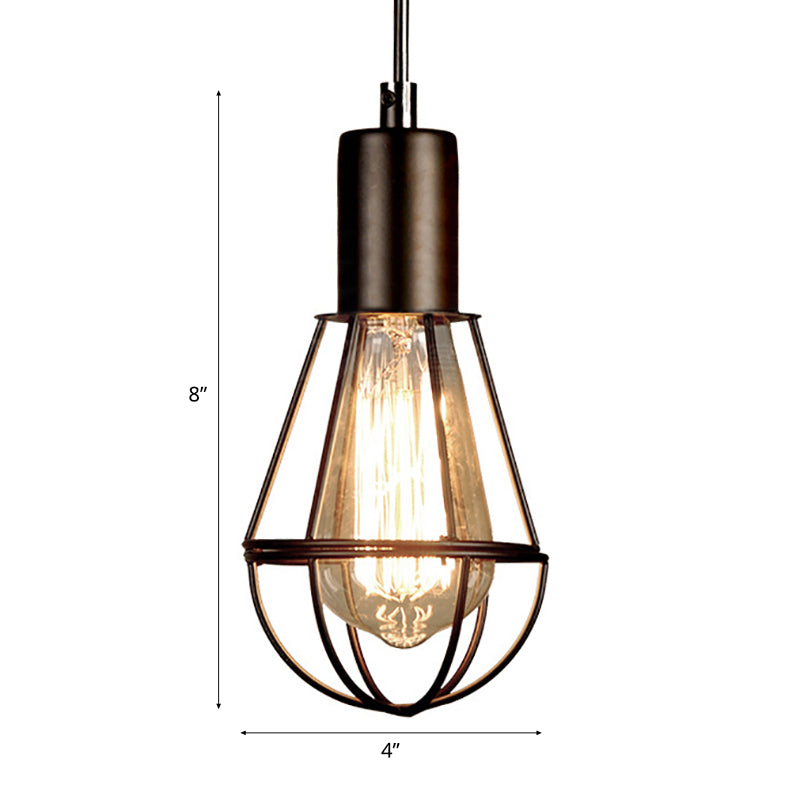 Black Small Cage Pendant Light Industrial Vintage Metallic 1 Head Living Room Hanging Lamp