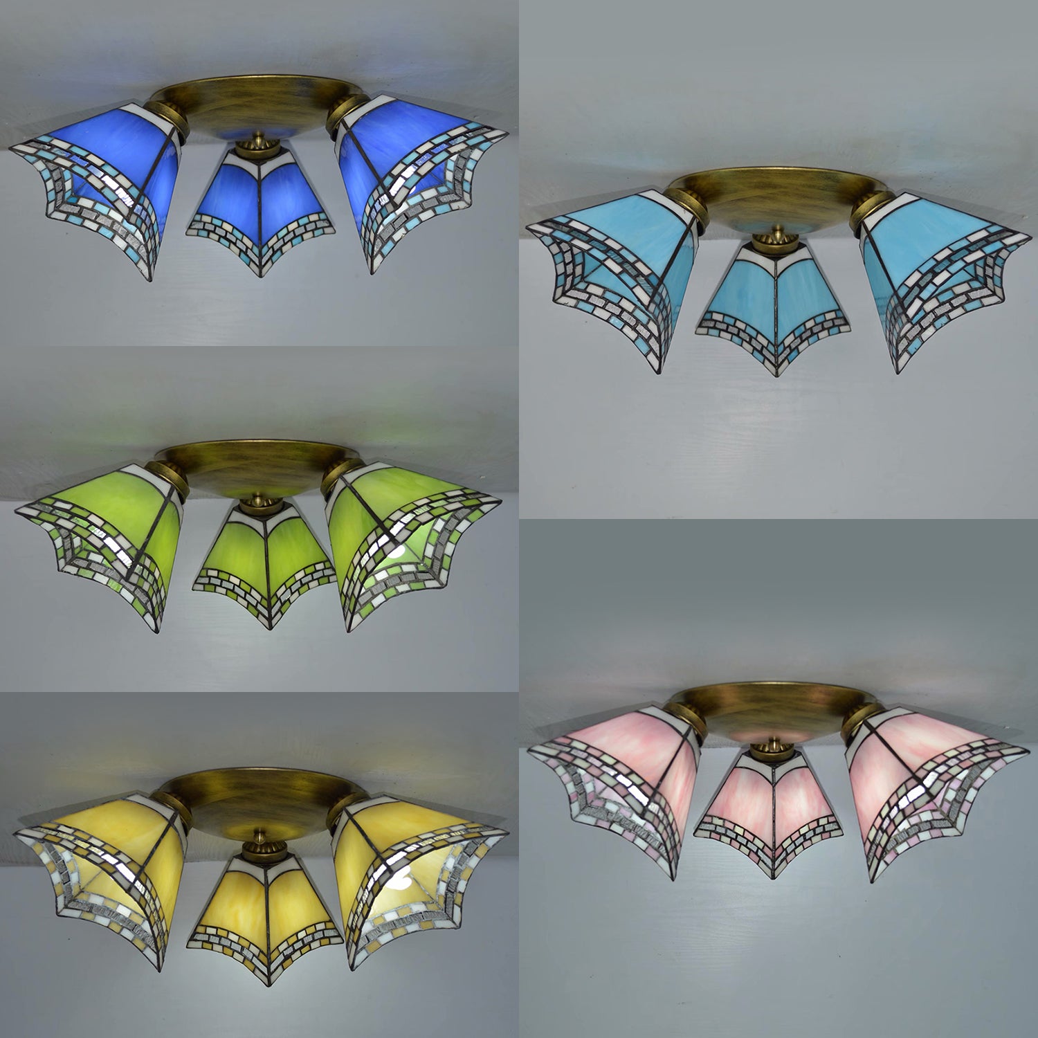 3 Heads Geometric Flushmount Light Vintage Stained Glass Flush Mount Ceiling Light in Yellow/Sky Blue/Pink/Green/Dark Blue for Bedroom
