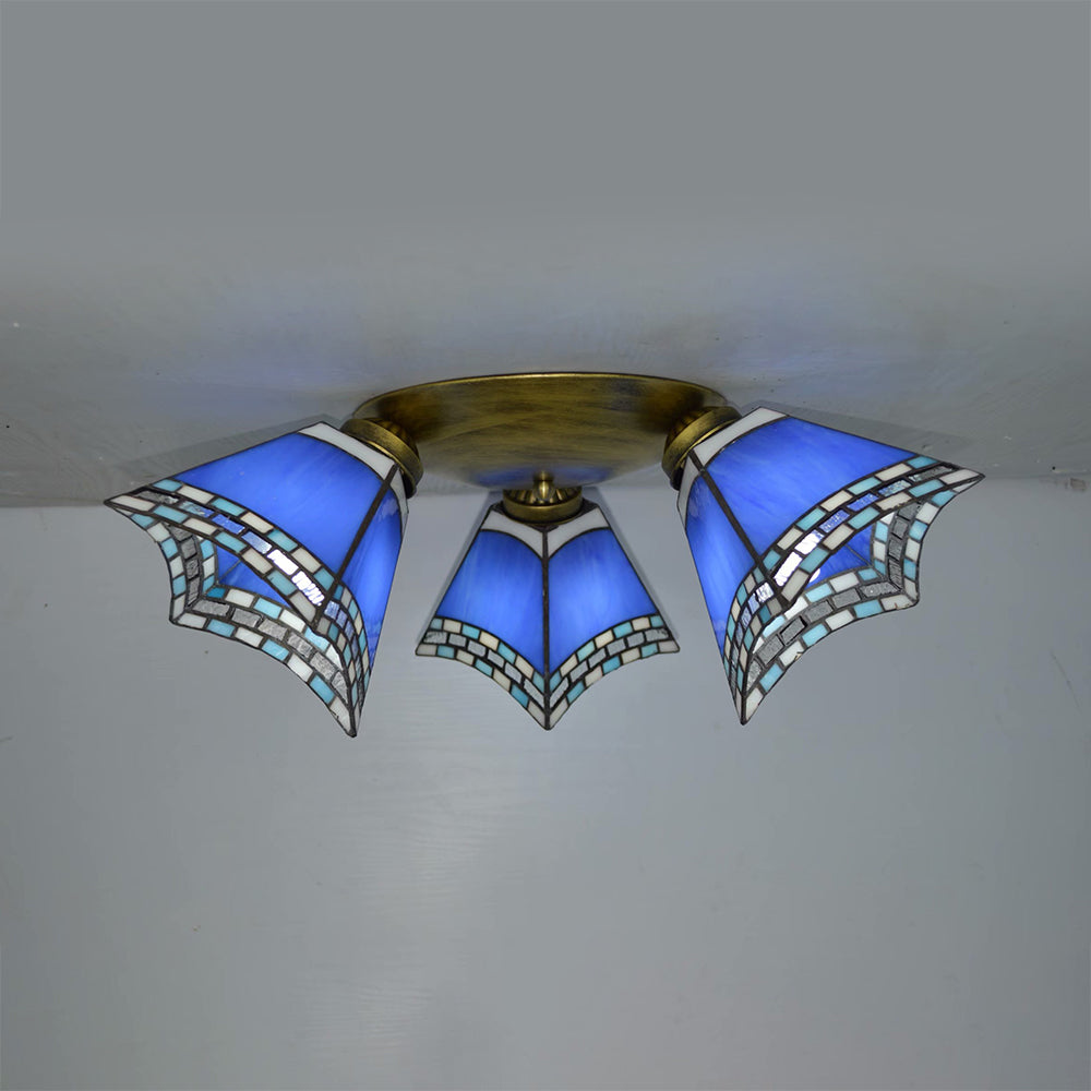 3 Heads Geometric Flushmount Light Vintage Stained Glass Flush Mount Ceiling Light in Yellow/Sky Blue/Pink/Green/Dark Blue for Bedroom