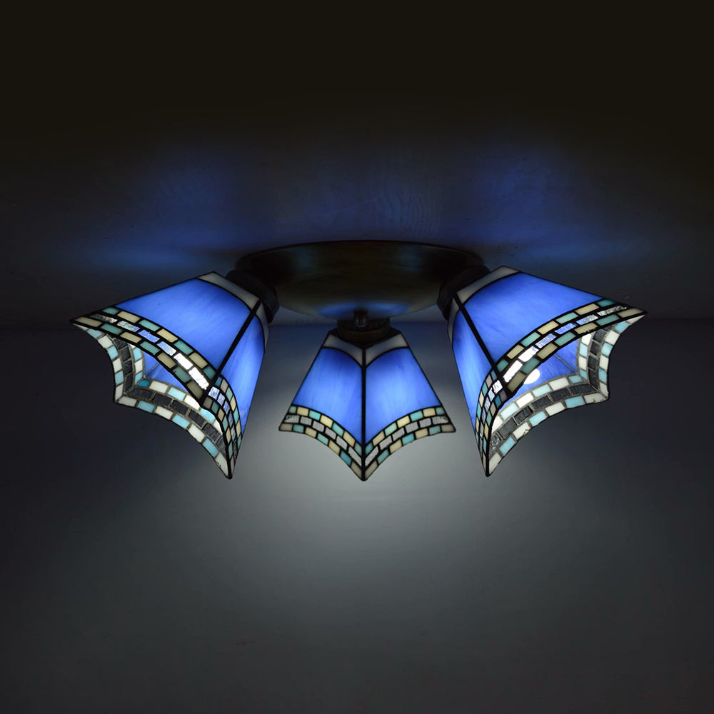 3 Heads Geometric Flushmount Light Vintage Stained Glass Flush Mount Ceiling Light in Yellow/Sky Blue/Pink/Green/Dark Blue for Bedroom