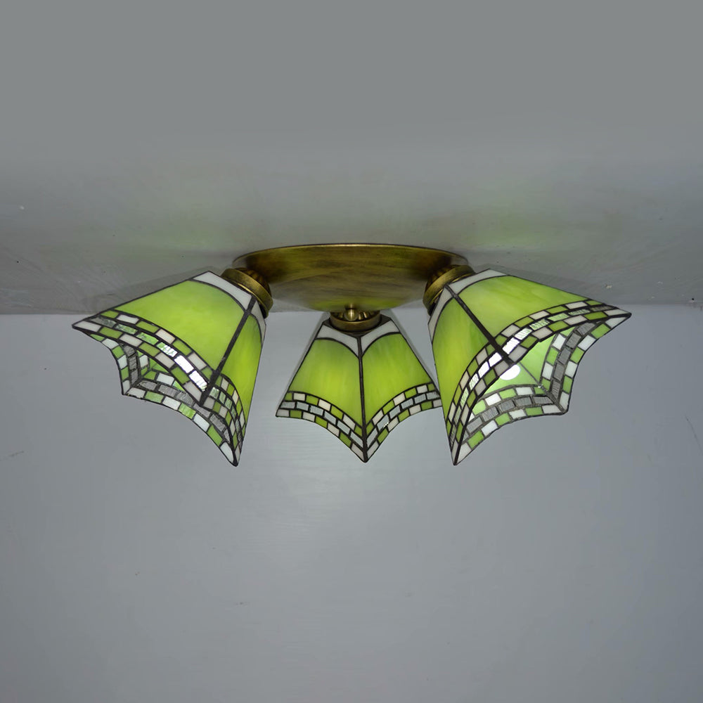3 Heads Geometric Flushmount Light Vintage Stained Glass Flush Mount Ceiling Light in Yellow/Sky Blue/Pink/Green/Dark Blue for Bedroom