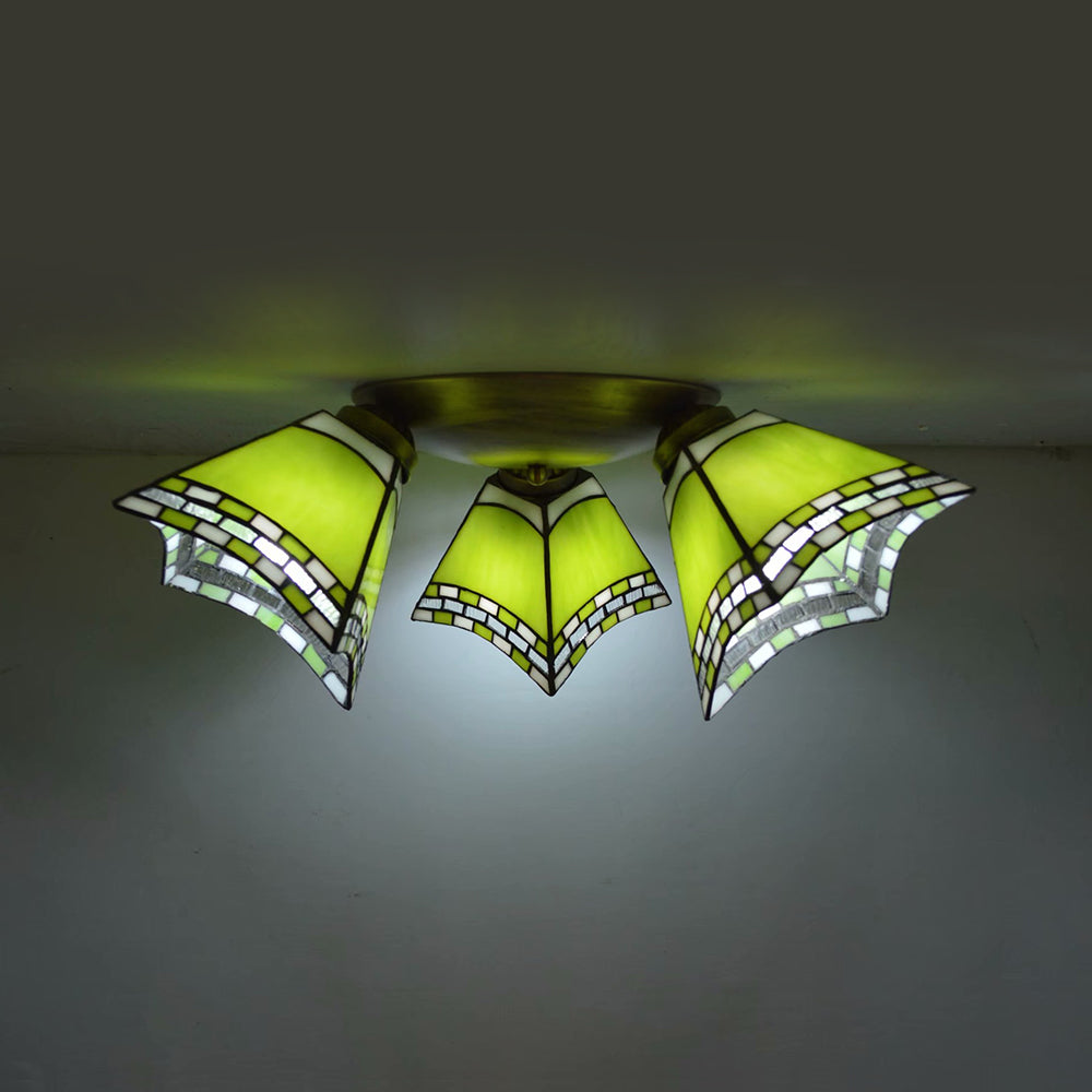3 Heads Geometric Flushmount Light Vintage Stained Glass Flush Mount Ceiling Light in Yellow/Sky Blue/Pink/Green/Dark Blue for Bedroom