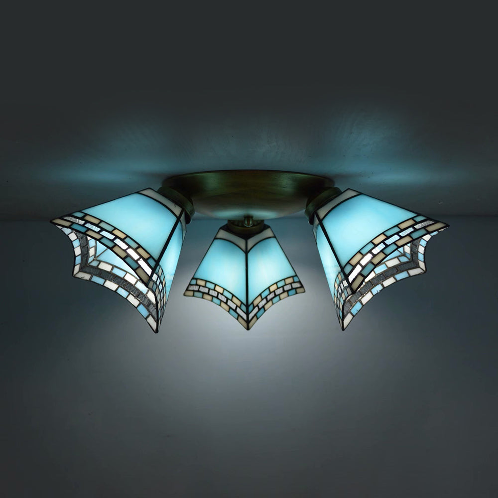 3 Heads Geometric Flushmount Light Vintage Stained Glass Flush Mount Ceiling Light in Yellow/Sky Blue/Pink/Green/Dark Blue for Bedroom