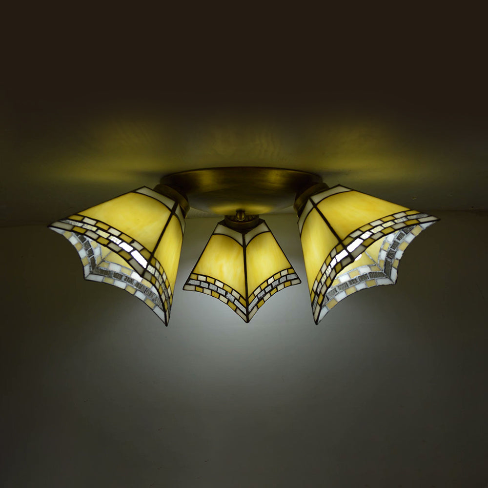 3 Heads Geometric Flushmount Light Vintage Stained Glass Flush Mount Ceiling Light in Yellow/Sky Blue/Pink/Green/Dark Blue for Bedroom