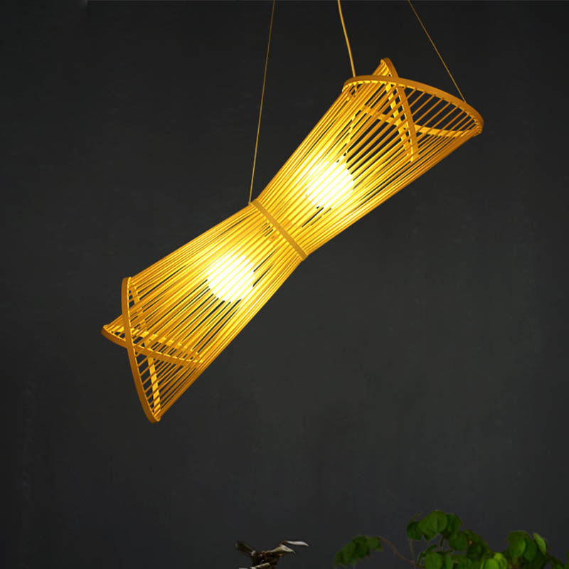 Bamboo Laser Cut Pendant Chandelier Asian Style 2 Heads Beige Suspension Lamp for Restaurant