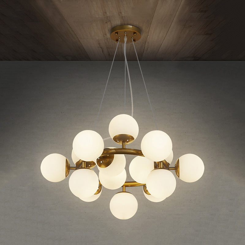 Gold Spherical Chandelier Modernist 15 Lights White Glass Hanging Pendant Light