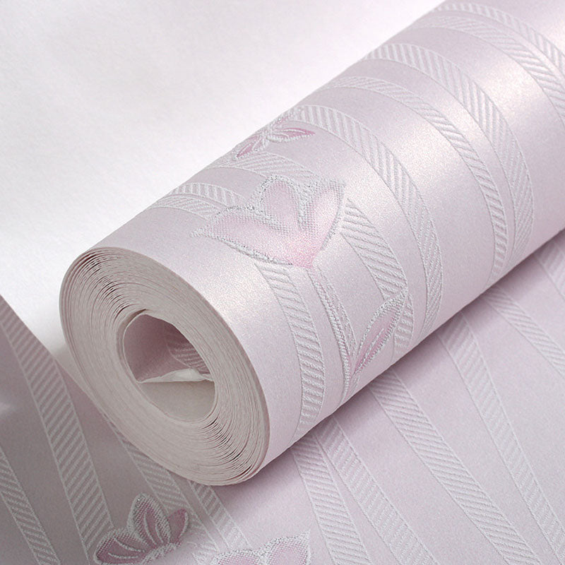 Natural Color Wallpaper Roll Flower and Stripe Non-Pasted Water-Resistant Wall Decor in Pink