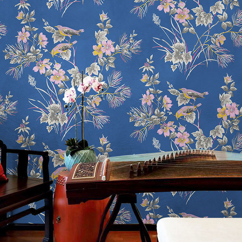Non-Pasted Wallpaper Roll with Bird and Flower Design for Coffee Shop, 33'L x 20.5"W