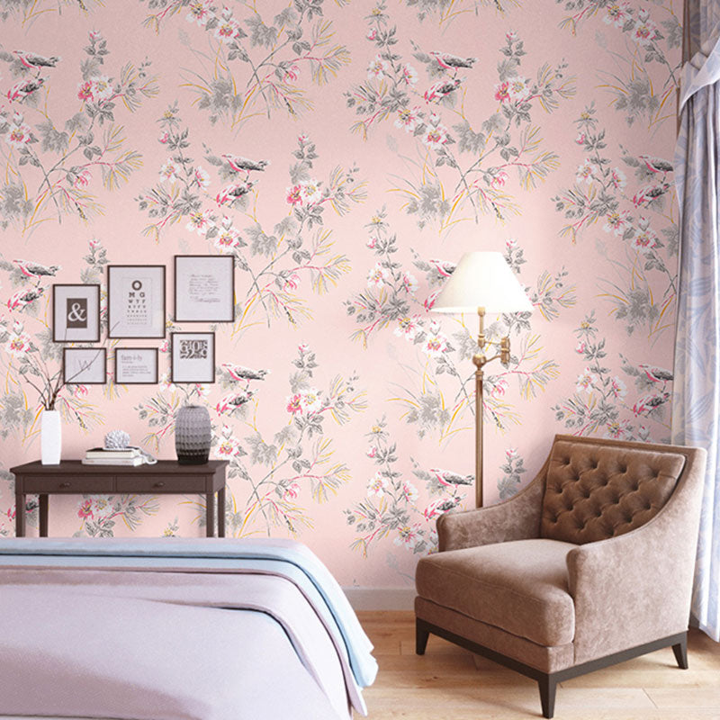 Non-Pasted Wallpaper Roll with Bird and Flower Design for Coffee Shop, 33'L x 20.5"W